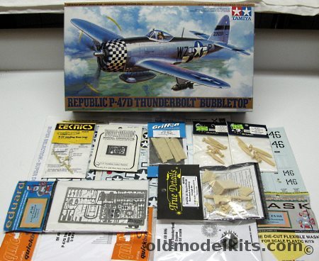 Tamiya 1/48 P-47D Thunderbolt Bubbletop with True Details Cockpit Set / Eduard PE + Mask / QuickBoost Engine and Guns Barrels / Griffon Flaps / KMC Hamilton and Curtiss Props / Waldron Placards / Teknics Metal Gear / (4) Aftermarket Decal Sheets, 61090 plastic model kit